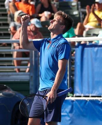 February 21, 2018: Peter Gojowczyk, from Germany, celebrates his victory against John Isner, from USA, during the 2018 Delray Beach Open ATP Tennis Herren professional tennis tournament, played at the Delray Beach Stadium & Tennis Center in Delray Beach, Florida, USA. Peter Gojowczyk won 7-6 (3), 6-7 (4), 7-6 (5). CSM Tennis 2018: ATP Delray Beach Open FEB 21 - ZUMAc04_ 20180221_zaf_c04_216 Copyright: xMarioxHoubenx
