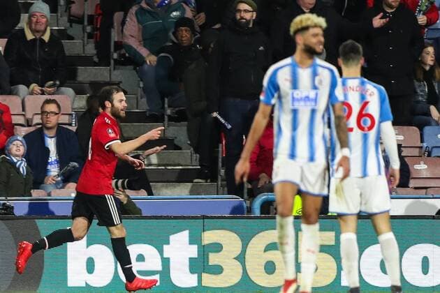 Juan Mata of Manchester United ManU celebrates scoring a second goal for Manchester United but it is later disallowed after a VAR decision during the FA Cup 5th round match between Huddersfield Town and Manchester United at the John Smith s Stadium, Huddersfield, England on 17 February 2018. Copyright: xThomasxGaddx PMI-1832-0018