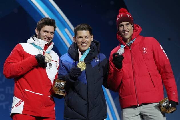 PyeongChang 2018, Ski Alpin, Slalom, Herren, Siegerehrung OLYMPICS - 2018 Winter Olympics PYEONGCHANG,SOUTH KOREA,22.FEB.18 - OLYMPICS, ALPINE SKIING - Olympic Winter games Winterspiele Spiele Summer games PyeongChang 2018, slalom, men. Image shows Michael Matt (AUT), Andre Myhrer (SWE) and Ramon Zenhaeusern (SUI). Keywords: medal. GEPAxpictures xMathiasxMandl