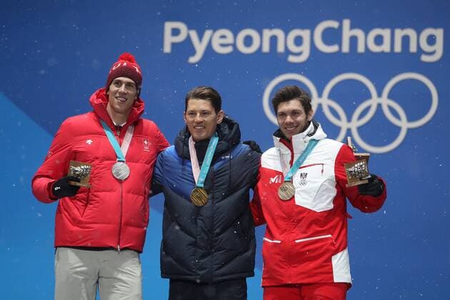 PyeongChang 2018, Ski Alpin, Slalom, Herren, Siegerehrung OLYMPICS - 2018 Winter Olympics PYEONGCHANG,SOUTH KOREA,22.FEB.18 - OLYMPICS, ALPINE SKIING - Olympic Winter games Winterspiele Spiele Summer games PyeongChang 2018, slalom, men. Image shows Ramon Zenhaeusern (SUI), Andre Myhrer (SWE) and Michael Matt (AUT). Keywords: medal. GEPAxpictures xMathiasxMandl