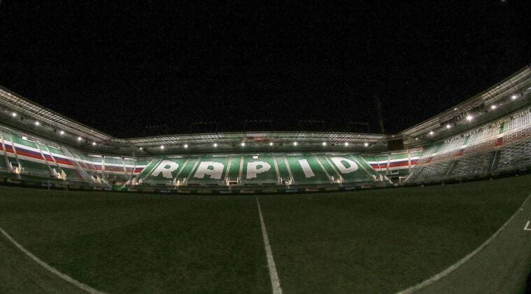 Wien, Oesterreich, 24.2.2018, Fussball, Tipico Fussball Bundesliga - SK Rapid Wien vs LASK. Bild zeigt Features, das leere Allianz Stadion mit beleuchteten Tribuenen. 24 02 18, Vienna, Austria, Sport, Soccer, Tipico Fussball Bundesliga - SK Rapid Wien vs LASK. Image shows Features, the empty Allianz Stadium with illuminated tribunes. 180224_SEPA_13_051.jpg