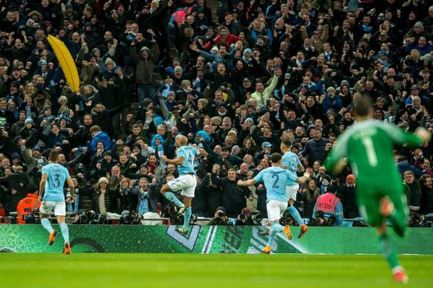 Vincent Kompany of Manchester City celebrates scoring his goal during the EFL Carabao Cup Final match between Arsenal and Manchester City at Wembley Stadium, London, England on 25 February 2018. Copyright: xSalvioxCalabresex 19050078