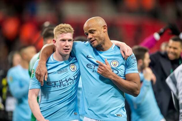 Vincent Kompany of Manchester City and Kevin De Bruyne of Manchester City celebrate the victory of the EFL Carabao Cup after the EFL Carabao Cup Final match between Arsenal and Manchester City at Wembley Stadium, London, England on 25 February 2018. Copyright: xSalvioxCalabresex 19050149
