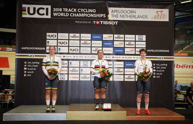 UCI 2018 Track cycling Rad Radsport Bahnrad Bahn World Championships, UCI Bahn Weltmeisterschaften 2018, Apeldoorn (NED), 02.03.2018, xmdx, Womens Sprint Victory Ceremony, from left, 2nd Stephanie MORTON (AUS, Australia) silver, World Champion Kristina VOGEL (GER, Germany, Deutschland) gold, 3rd Pauline Sophie GRABOSCH (GER, Germany, Deutschland) bronze, 2018 Track Cycling World Championships