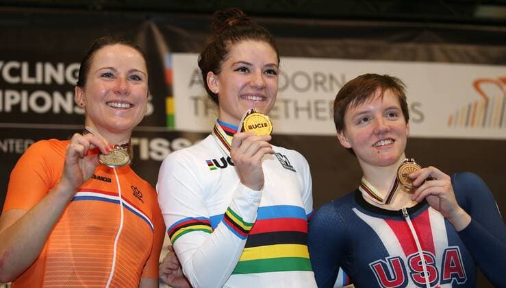 UCI 2018 Track cycling Rad Radsport Bahnrad Bahn World Championships, UCI Bahn Weltmeisterschaften 2018, Apeldoorn (NED), 03.03.2018, xmdx, Womens Individual Pursuit Victory Ceremony, form left, 2nd Annemiek VAN VLEUTEN (NED, Netherlands) silver, World Champion Chloe DYGERT (USA, United States of America) gold, 3rd Kelly CATLIN (USA, United States of America) bronze, 2018 Track Cycling World Championships