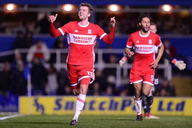 Patrick Bamford of Middlesbrough celebrates after he scores to make it 1-0 during the Sky Bet Championship match between Birmingham City and Middlesbrough at St Andrews, Birmingham, England on 6 March 2018. Copyright: xBradleyxCollyerx PMI-1863-0005