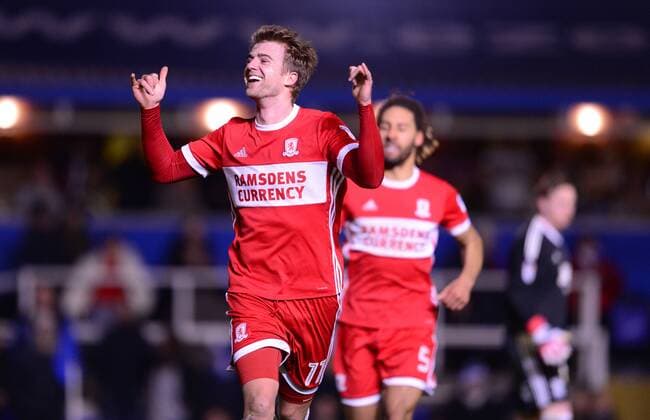 Patrick Bamford of Middlesbrough celebrates after he scores to make it 1-0 during the Sky Bet Championship match between Birmingham City and Middlesbrough at St Andrews, Birmingham, England on 6 March 2018. Copyright: xBradleyxCollyerx PMI-1863-0006