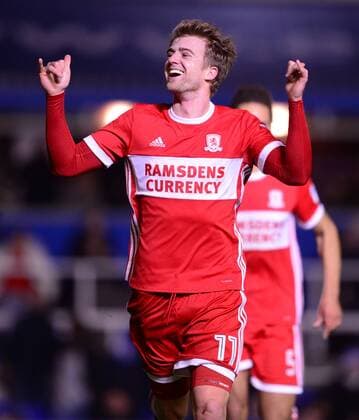 Patrick Bamford of Middlesbrough celebrates after he scores to make it 1-0 during the Sky Bet Championship match between Birmingham City and Middlesbrough at St Andrews, Birmingham, England on 6 March 2018. Copyright: xBradleyxCollyerx PMI-1863-0007