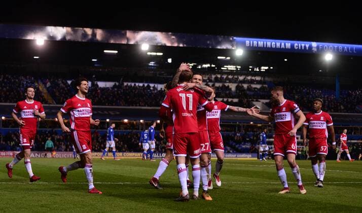 Patrick Bamford of Middlesbrough celebrates with his team mates after he scores to make it 1-0 during the Sky Bet Championship match between Birmingham City and Middlesbrough at St Andrews, Birmingham, England on 6 March 2018. Copyright: xBradleyxCollyerx PMI-1863-0008