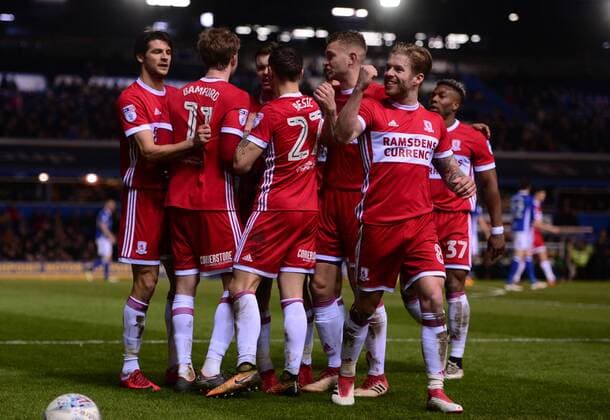 Patrick Bamford of Middlesbrough celebrates with his team mates after he scores to make it 1-0 during the Sky Bet Championship match between Birmingham City and Middlesbrough at St Andrews, Birmingham, England on 6 March 2018. Copyright: xBradleyxCollyerx PMI-1863-0010