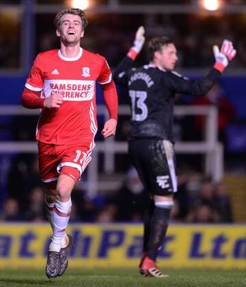 Patrick Bamford of Middlesbrough celebrates after he scores to make it 1-0 during the Sky Bet Championship match between Birmingham City and Middlesbrough at St Andrews, Birmingham, England on 6 March 2018. Copyright: xBradleyxCollyerx PMI-1863-0017