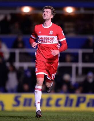 Patrick Bamford of Middlesbrough celebrates after he scores to make it 1-0 during the Sky Bet Championship match between Birmingham City and Middlesbrough at St Andrews, Birmingham, England on 6 March 2018. Copyright: xBradleyxCollyerx PMI-1863-0018