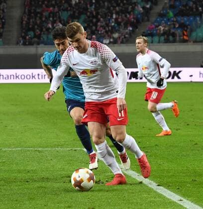 Fussball, Herren, Saison 2017 2018, Europa League (Achtelfinale, Hinspiel), RB Leipzig - Zenit St. Petersburg, v. l. Emiliano Rigoni ( 10, Zenit St. Petersburg), Timo Werner (RB Leipzig), 08.03. 2018, Copyright: xMatthiasxKochx