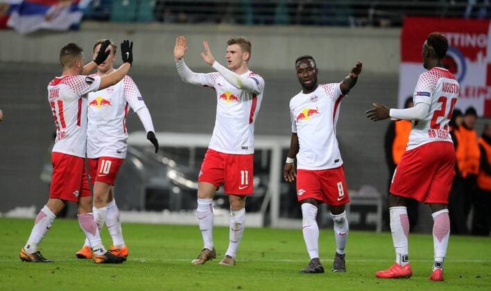 RB Leipzig - St.Petersburg Fussball Euro League Leipzig, 08.03.2018, Red Bull Arena, Fussball, UEFA EURO EM Europameisterschaft Fussball League, Achtelfinale, Hinspiel , RB Leipzig vs. Zenit St. Petersburg. , Im Bild; Tor für RB Leipzig. Timo Werner (11, RB Leipzig) erzielt den Treffer zum 2:0 gegen Torwart AndreiÊLunev (99, Zenit) und jubelt. ,