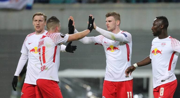 RB Leipzig - St.Petersburg Fussball Euro League Leipzig, 08.03.2018, Red Bull Arena, Fussball, UEFA EURO EM Europameisterschaft Fussball League, Achtelfinale, Hinspiel , RB Leipzig vs. Zenit St. Petersburg. , Im Bild; Tor für RB Leipzig. Timo Werner (11, RB Leipzig) erzielt den Treffer zum 2:0 gegen Torwart AndreiÊLunev (99, Zenit) und jubelt mit Diego Demme (31, RB Leipzig). ,