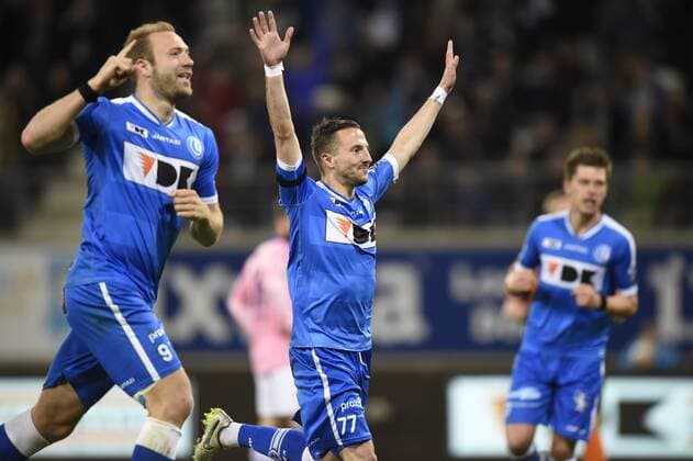 - GENT, BELGIUM: Gent s Laurent Depoitre celebrates after scoring the 1-0 goal during the Jupiler Pro League match between KAA Gent and RSC Anderlecht, Thursday 30 April 2015 in Gent, on the fifth day of the Play-off 1. JOHNxTHYS x80475216x