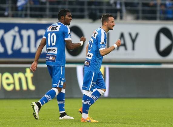 - GENT, BELGIUM: Gent s Renato Neto and Gent s Danijel Milicevic celebrate after scoring during the Jupiler Pro League match between KAA Gent and Sporting Charleroi, Friday 08 May 2015 in Gent, on the seventh day of the Play-off 1. VIRGINIExLEFOUR x80803189x