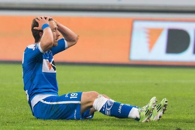 - GENT, BELGIUM: Gent s Brecht Dejaegere reacts during the Jupiler Pro League match between KAA Gent and Sporting Charleroi, Friday 08 May 2015 in Gent, on the seventh day of the Play-off 1. KURTxDESPLENTER x80805754x