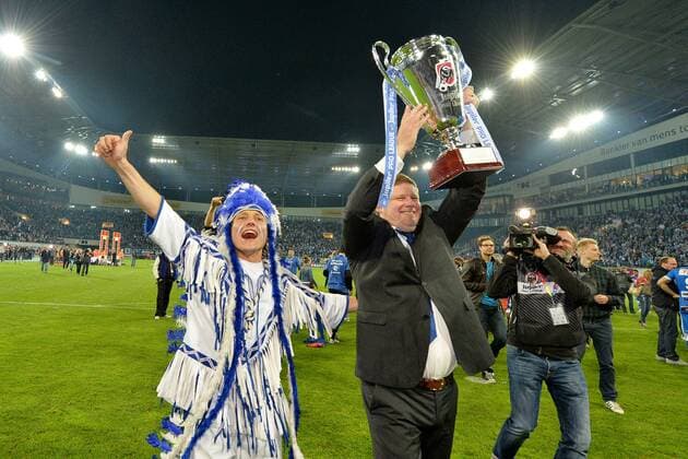 - GENT, BELGIUM: Gent s head coach Hein Vanhaezebrouck celebrates after winning the Jupiler Pro League match between KAA Gent and Standard de Liege, Thursday 21 May 2015 in Gent, on the ninth day of the Play-off 1. DAVIDxSTOCKMAN x81218973x