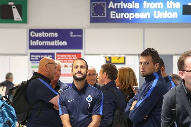- MANCHESTER, UNITED KINGDOM: Club s Victor Vazquez Solsona and Club s Claudemir Domingues De Souza pictured at the arrival of Club Brugge, at Manchester Airport, England, Monday 17 August 2015. Belgian first league soccer team Club Brugge will play tomorrow the first leg game of the play-offs of the Uefa Champions League competition against British soccer club Manchester United ManU BRUNOxFAHY x84278993x
