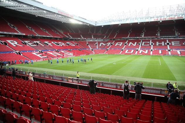 - MANCHESTER, UNITED KINGDOM: Club s players pictured in the Old Trafford stadium during a training session of Belgian soccer team Club Brugge KV in Manchester, United Kingdom, Monday 17 August 2015. Tomorrow Club is playing British soccer club Manchester United ManU FC, the first leg game of the play-offs for the UEFA Champions League competition. BRUNOxFAHY x84298627x