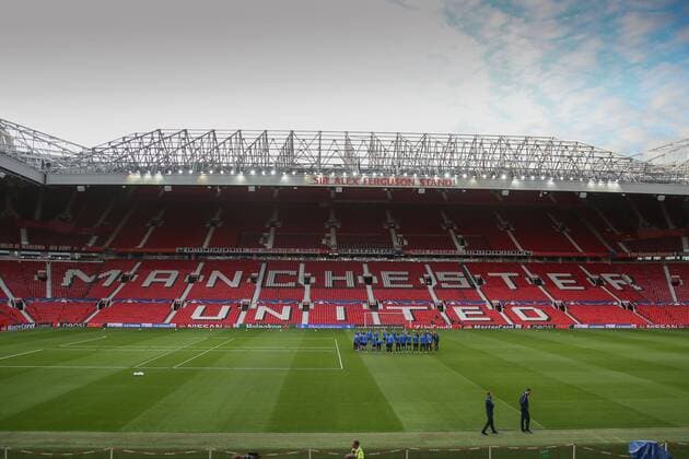 - MANCHESTER, UNITED KINGDOM: Club s players pictured in the Old Trafford stadium during a training session of Belgian soccer team Club Brugge KV in Manchester, United Kingdom, Monday 17 August 2015. Tomorrow Club is playing British soccer club Manchester United ManU FC, the first leg game of the play-offs for the UEFA Champions League competition. BRUNOxFAHY x84298645x