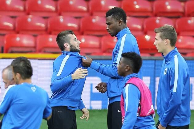 - MANCHESTER, UNITED KINGDOM: Club s Tuur Dierckx and Club s Obbi Oulare pictured during a training session of Belgian soccer team Club Brugge KV in Manchester, United Kingdom, Monday 17 August 2015. Tomorrow Club is playing British soccer club Manchester United ManU FC, the first leg game of the play-offs for the UEFA Champions League competition. BRUNOxFAHY x84299371x