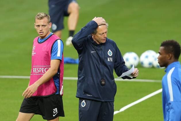 - MANCHESTER, UNITED KINGDOM: Club s Laurens De Bock and Club s head coach Michel Preud homme pictured during a training session of Belgian soccer team Club Brugge KV in Manchester, United Kingdom, Monday 17 August 2015. Tomorrow Club is playing British soccer club Manchester United ManU FC, the first leg game of the play-offs for the UEFA Champions League competition. BRUNOxFAHY x84299664x