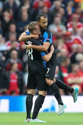 - MANCHESTER, UNITED KINGDOM: Club s Laurens De Bock and Club s Victor Vazquez Solsona celebrate after a goal during a soccer game between British club Manchester United ManU FC and Belgian team Club Brugge KV in Manchester, United Kingdom, Tuesday 18 August 2015, the first leg of the play-offs for the UEFA Champions League competition. BRUNOxFAHY x84377882x