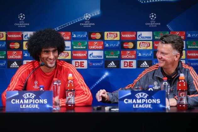 - BRUGGE, BELGIUM: Manchester s Marouane Fellaini and Manchester s head coach Louis van Gaal pictured during a press conference PK Pressekonferenz of British soccer club Manchester United ManU in Brugge, Tuesday 25 August 2015. Tomorrow Belgian first league soccer team Club Brugge will play the return game of the play-offs of the Uefa Champions League competition against British soccer club Manchester United FC. Manchester United won the first leg 3-1. BRUNOxFAHY x84609216x