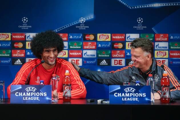 - BRUGGE, BELGIUM: Manchester s Marouane Fellaini and Manchester s head coach Louis van Gaal pictured during a press conference PK Pressekonferenz of British soccer club Manchester United ManU in Brugge, Tuesday 25 August 2015. Tomorrow Belgian first league soccer team Club Brugge will play the return game of the play-offs of the Uefa Champions League competition against British soccer club Manchester United FC. Manchester United won the first leg 3-1. BRUNOxFAHY x84609222x