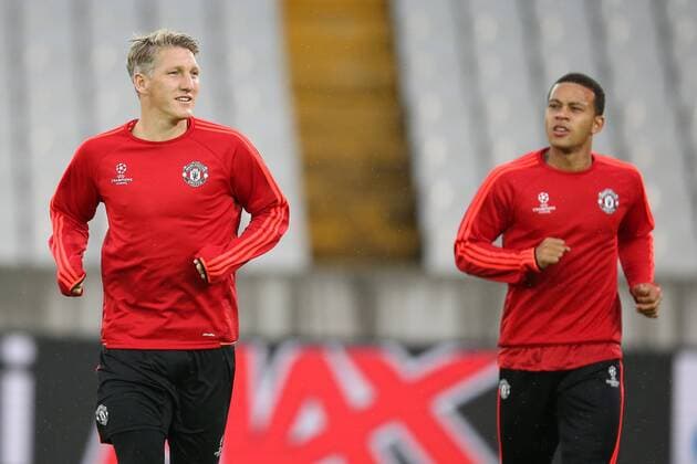 - BRUGGE, BELGIUM: Manchester s Bastian Schweinsteiger and Manchester s Memphis Depay pictured during a training session of British soccer club Manchester United ManU in Brugge, Tuesday 25 August 2015. Tomorrow Belgian first league soccer team Club Brugge will play the return game of the play-offs of the Uefa Champions League competition against British soccer club Manchester United FC. Manchester United won the first leg 3-1. BRUNOxFAHY x84610945x