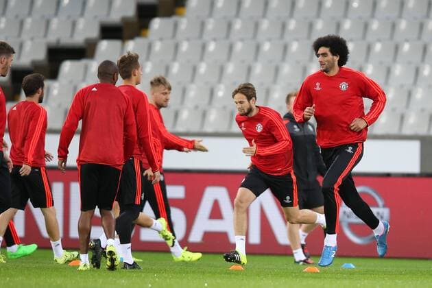 - BRUGGE, BELGIUM: Manchester s Marouane Fellaini (R) pictured during a training session of British soccer club Manchester United ManU in Brugge, Tuesday 25 August 2015. Tomorrow Belgian first league soccer team Club Brugge will play the return game of the play-offs of the Uefa Champions League competition against British soccer club Manchester United FC. Manchester United won the first leg 3-1. BRUNOxFAHY x84610990x