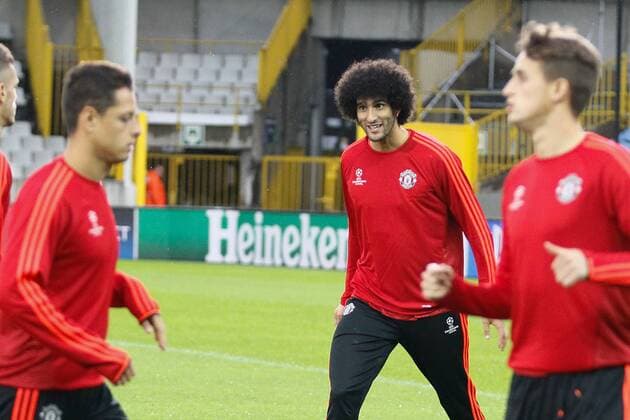 - BRUGGE, BELGIUM: Manchester s Marouane Fellaini pictured during a training session of British soccer club Manchester United ManU in Brugge, Tuesday 25 August 2015. Tomorrow Belgian first league soccer team Club Brugge will play the return game of the play-offs of the Uefa Champions League competition against British soccer club Manchester United FC. Manchester United won the first leg 3-1. BRUNOxFAHY x84611267x