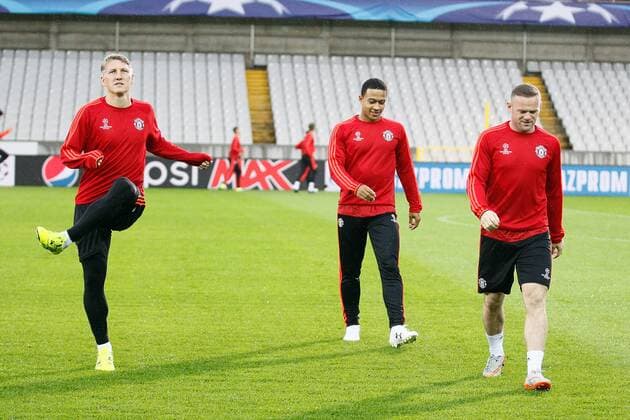 - BRUGGE, BELGIUM: Manchester s Bastian Schweinsteiger, Manchester s Memphis Depay and Manchester s Wayne Rooney pictured during a training session of British soccer club Manchester United ManU in Brugge, Tuesday 25 August 2015. Tomorrow Belgian first league soccer team Club Brugge will play the return game of the play-offs of the Uefa Champions League competition against British soccer club Manchester United FC. Manchester United won the first leg 3-1. BRUNOxFAHY x84611384x
