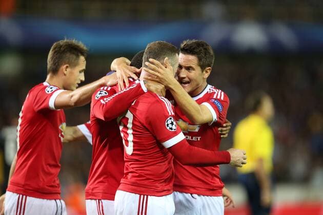 - BRUGGE, BELGIUM: Manchester s Wayne Rooney (C) celebrates with his teammates after scoring during a soccer game between Belgian first league team Club Brugge KV and British club Manchester United ManU FC in Brugge, Wednesday 26 August 2015, the return game of the play-offs of the UEFA Champions League competition. Manchester United won the first leg 3-1. BRUNOxFAHY x84637924x