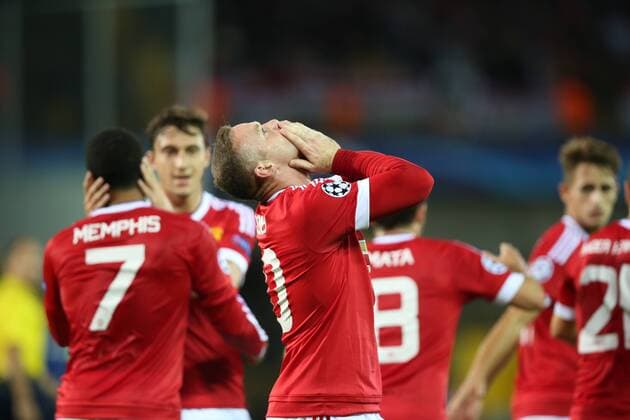 - BRUGGE, BELGIUM: Manchester s Wayne Rooney celebrates after scoring during a soccer game between Belgian first league team Club Brugge KV and British club Manchester United ManU FC in Brugge, Wednesday 26 August 2015, the return game of the play-offs of the UEFA Champions League competition. Manchester United won the first leg 3-1. BRUNOxFAHY x84637953x