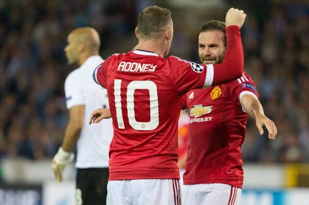 - BRUGGE, BELGIUM: Manchester s Wayne Rooney (c) celebrates with his teammate Juan Mata after scoring during a soccer game between Belgian first league team Club Brugge KV and British club Manchester United ManU FC in Brugge, Wednesday 26 August 2015, the return game of the play-offs of the UEFA Champions League competition. Manchester United won the first leg 3-1. KURTxDESPLENTER x84638964x