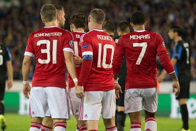 - BRUGGE, BELGIUM: Manchester s Wayne Rooney (C) celebrates with his teammates after scoring during a soccer game between Belgian first league team Club Brugge KV and British club Manchester United ManU FC in Brugge, Wednesday 26 August 2015, the return game of the play-offs of the UEFA Champions League competition. Manchester United won the first leg 3-1. KURTxDESPLENTER x84638976x