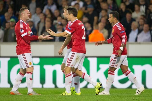 - BRUGGE, BELGIUM: Manchester s Ander Herrera (C) celebrates with his teammates after scoring during a soccer game between Belgian first league team Club Brugge KV and British club Manchester United ManU FC in Brugge, Wednesday 26 August 2015, the return game of the play-offs of the UEFA Champions League competition. Manchester United won the first leg 3-1. KURTxDESPLENTER x84639079x