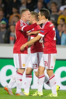 - BRUGGE, BELGIUM: Manchester s Ander Herrera (R) celebrates with his teammates after scoring during a soccer game between Belgian first league team Club Brugge KV and British club Manchester United ManU FC in Brugge, Wednesday 26 August 2015, the return game of the play-offs of the UEFA Champions League competition. Manchester United won the first leg 3-1. KURTxDESPLENTER x84639080x