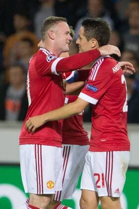 - BRUGGE, BELGIUM: Manchester s Ander Herrera (R) celebrates with his teammate Wayne Rooney after scoring during a soccer game between Belgian first league team Club Brugge KV and British club Manchester United ManU FC in Brugge, Wednesday 26 August 2015, the return game of the play-offs of the UEFA Champions League competition. Manchester United won the first leg 3-1. KURTxDESPLENTER x84639083x