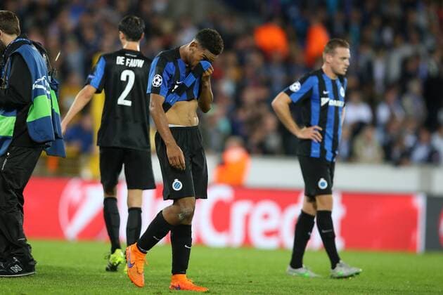 - BRUGGE, BELGIUM: Club s Jean-Charles Castelletto (C) and his teammates look dejected after a soccer game between Belgian first league team Club Brugge KV and British club Manchester United ManU FC in Brugge, Wednesday 26 August 2015, the return game of the play-offs of the UEFA Champions League competition. Manchester United won the first leg 3-1. BRUNOxFAHY x84639600x