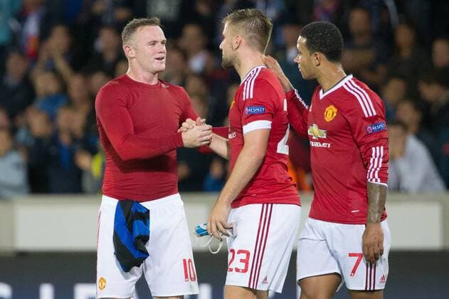 - BRUGGE, BELGIUM: Manchester s Memphis Depay, Manchester s Wayne Rooney and Manchester s Luke Shaw celebrate after winning a soccer game between Belgian first league team Club Brugge KV and British club Manchester United ManU FC in Brugge, Wednesday 26 August 2015, the return game of the play-offs of the UEFA Champions League competition. Manchester United won the first leg 3-1. KURTxDESPLENTER x84639631x
