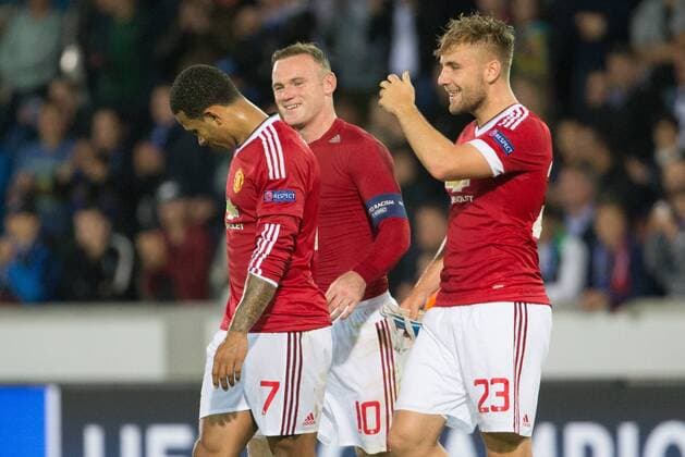 - BRUGGE, BELGIUM: Manchester s Memphis Depay, Manchester s Wayne Rooney and Manchester s Luke Shaw celebrate after winning a soccer game between Belgian first league team Club Brugge KV and British club Manchester United ManU FC in Brugge, Wednesday 26 August 2015, the return game of the play-offs of the UEFA Champions League competition. Manchester United won the first leg 3-1. KURTxDESPLENTER x84639632x