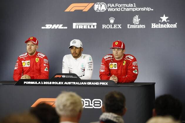 press conference PK Pressekonferenz VETTEL Sebastian (ger), Scuderia Ferrari SF71H, HAMILTON Lewis (gbr), Mercedes AMG F1 Petronas GP W09 Hybrid EQ Power+, RAIKKONEN Kimi (fin), Scuderia Ferrari SF71H, portrait during 2018 Formula 1 championship at Melbourne, Australian Grand Prix, from March 22 To 25 - s: FIA Formula One World Championship WM Weltmeisterschaft 2018, Melbourne, Victoria : Motorsports: Formula 1 2018 Rolex Australian Grand Prix, Melbourne Australia