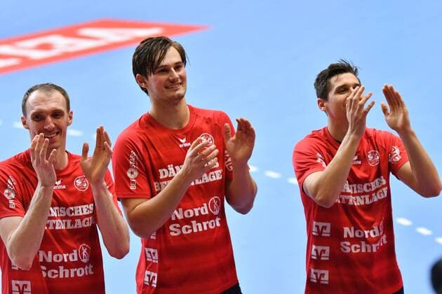 IFK Kristianstad - SG Flensburg-Handewitt, EHF Champions League; Kristianstad, 24.03.18 Kristianstad, 24.03.18, Handball, VELUX EHF Champions League, Saison 2017 2018, Achtelfinale, IFK Kristianstad - SG Flensburg-Handewitt : Jubel Holger Glandorf (SG Flensburg-Handewitt, 09), Magnus Roed (SG Flensburg-Handewitt, 77), Marius Steinhauser (SG Flensburg-Handewitt, 19)