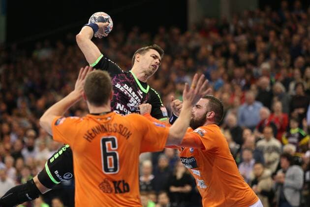 SG Flensburg-Handewitt - IFK Kristianstad, EHF Champions League; Flensburg, 28.03.18 Flensburg, 28.03.18, Handball, VELUX EHF Champions League, Saison 2017 2018, Achtelfinale, SG Flensburg-Handewitt - IFK Kristianstad : Rasmus Lauge Schmidt (SG Flensburg-Handewitt, 25), Philip Henningsson(IFK Kristianstad, 06), Mario Lipovac (IFK Kristianstad, 04)