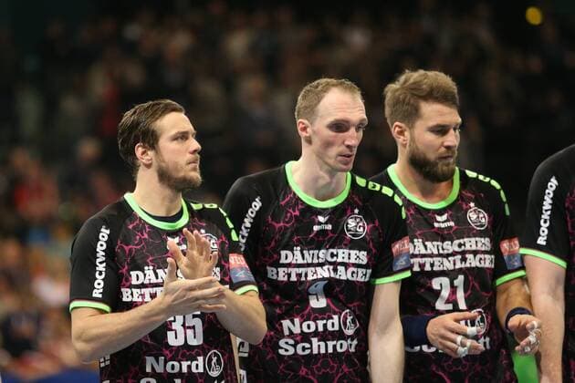 SG Flensburg-Handewitt - IFK Kristianstad, EHF Champions League; Flensburg, 28.03.18 Flensburg, 28.03.18, Handball, VELUX EHF Champions League, Saison 2017 2018, Achtelfinale, SG Flensburg-Handewitt - IFK Kristianstad : Kentin Mahe (SG Flensburg-Handewitt, 35), Holger Glandorf (SG Flensburg-Handewitt, 09), Jacob Heinl (SG Flensburg-Handewitt, 21)
