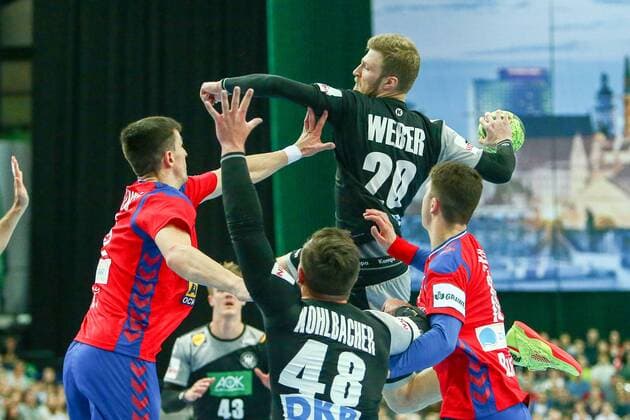 Deutschland - Serbien Handball Leipzig, 04.04.2018, Arena Leipzig, Handball, Länderspiel, Männer, Deutschland - Serbien , Im Bild v.l.: Nemanja Zelenović (25, Serbien), Jannik Kohlbacher (48, Deutschland), Philipp Weber (20, Deutschland) und Darko Ãukić (10, Serbien) ,
